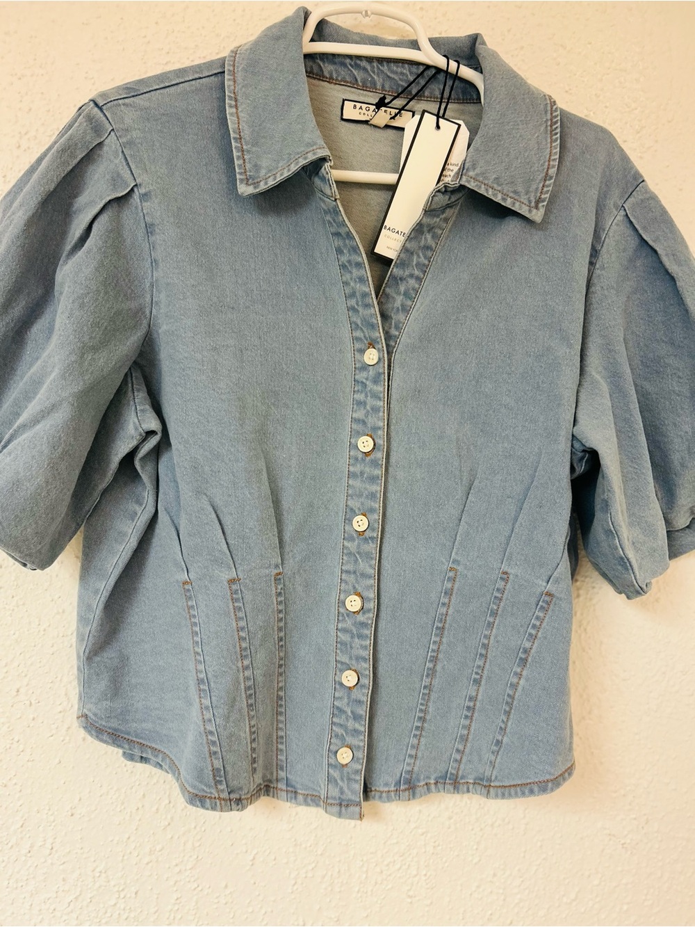 Bagatelle Collection Women’s Denim button down Puff Sleeve Pleated Blouse NWT XL